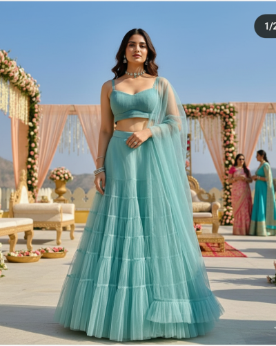 Flared Plain Net Lehanga Set in Powder Blue Colour