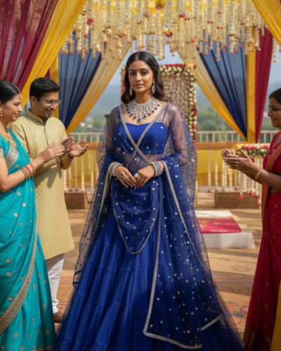 Plain Net Lehanga Set in Royal Blue Colour