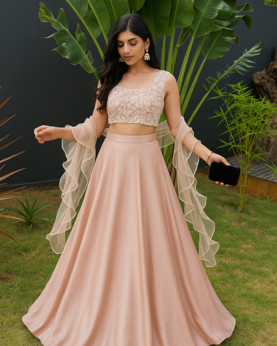 Embroidered Chikankari Satin Lehenga Set in Blush Pink Colour