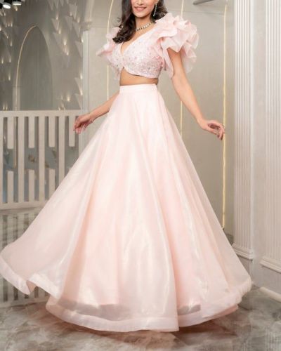Plain Organza Lehenga Set in Pastel Pink Colour