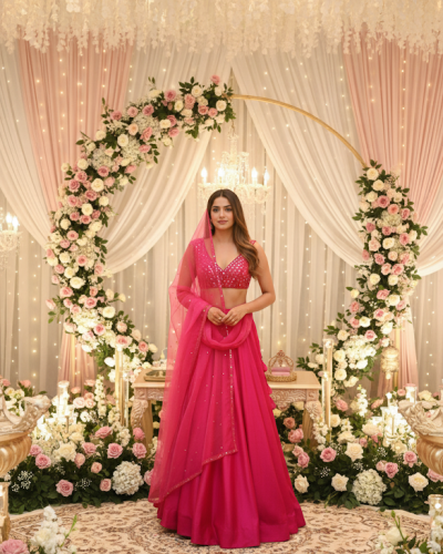Plain Satin Lehenga Set in Hot Pink Colour