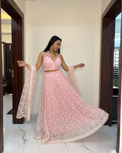 Full Embroidered Net lehenga Set in Baby Pink Colour