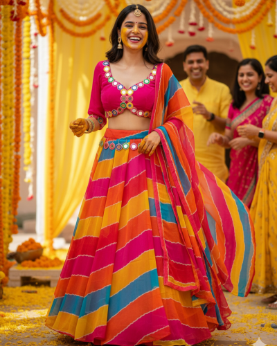 Mirrored Lemon Chiffon Lehenga Set in Multi Colour