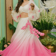 Balloon Sleeve Georgette Lehenga Set in Pink and White Ombre Colour
