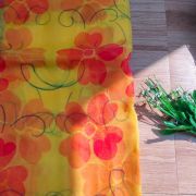 Red floral Print With Gold Foil Detailing Yellow Organza Fabric