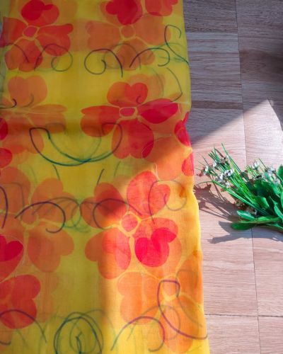 Red floral Print With Gold Foil Detailing Yellow Organza Fabric