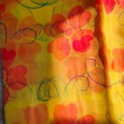 Red floral Print With Gold Foil Detailing Yellow Organza Fabric