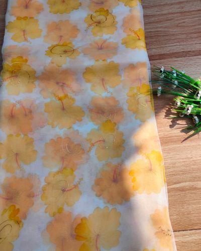 Yellow floral Print With Gold Foil Detailing Organza Fabric