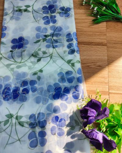 Purple floral Print With Gold Foil Detailing On White Organza Fabric