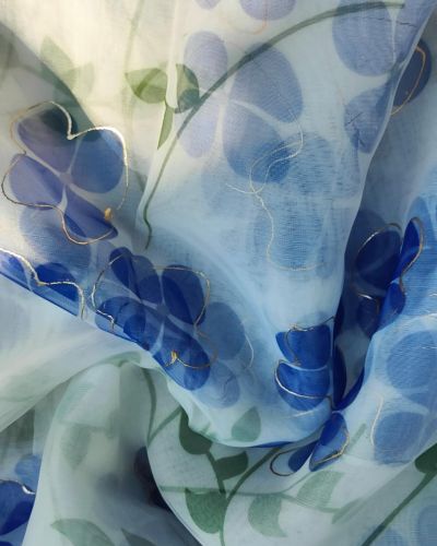 Purple floral Print With Gold Foil Detailing On White Organza Fabric