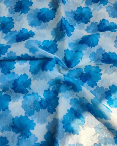 Sky Blue floral Print With Gold Foil Detailing Organza Fabric