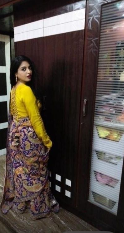 Purple Multicoloured Drape Saree on Yellow Crepe Blouse