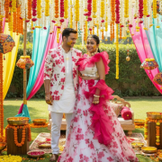 Organza Couple Outfit In White And Yellow Colour