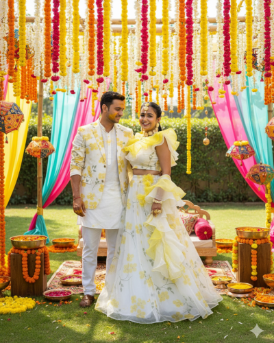 Phool Haldi Couple Outfit In White And Yellow Colour