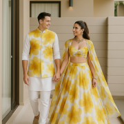 Organza Couple Outfit In White And Yellow Colour