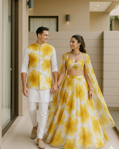 Organza Couple Outfit In White And Yellow Colour
