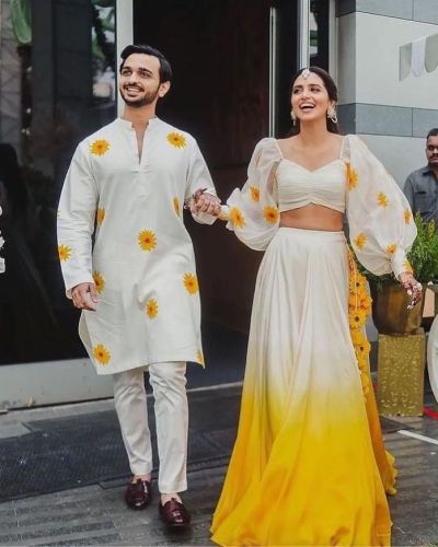 Haldi Couple Outfit In White And Yellow Colour