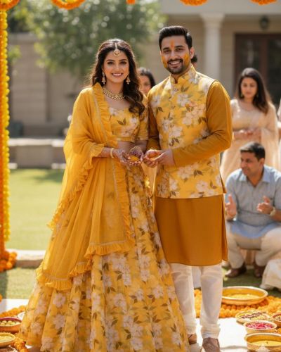 Haldi Couple Outfit In Yellow Colour