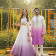 Georgette Ombre Couple Outfit In White And Purple Colour