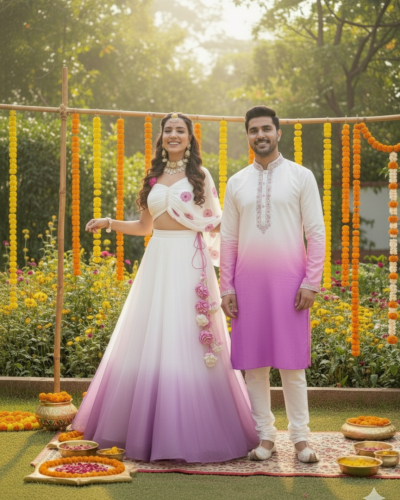 Georgette Ombre Couple Outfit In White And Purple Colour