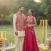 Georgette Couple Outfit In Rani Pink Colour