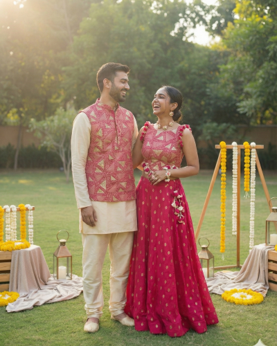 Georgette Couple Outfit In Rani Pink Colour