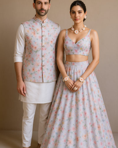 Glass Organza Couple Outfit In White Colour