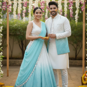 Georgette Ombre Couple Outfit In White And Sky Blue Colour