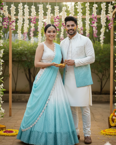 Georgette Ombre Couple Outfit In White And Sky Blue Colour