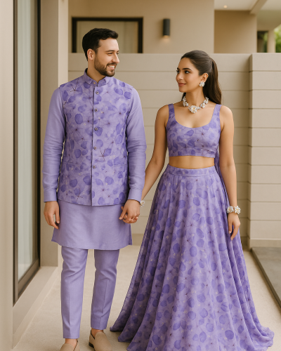 Glass Organza Couple Outfit In Lavender Colour