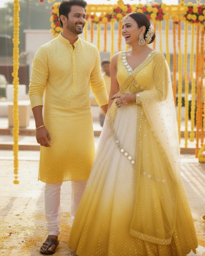 Faux Mirror Couple Outfit In Yellow Colour