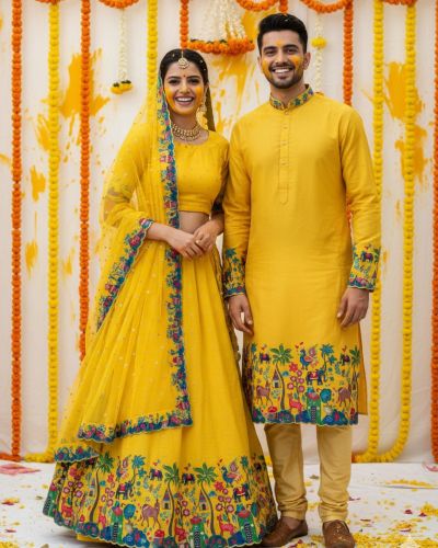 Cotton Silk Figure Position Printing Couple Outfit In Yellow Colour