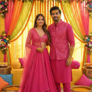 Pure Georgette Couple Outfit In Rani Pink Colour