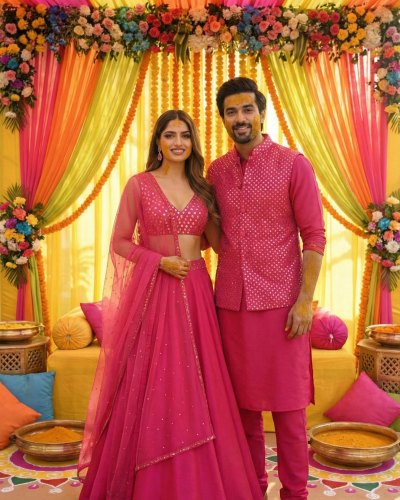 Pure Georgette Couple Outfit In Rani Pink Colour