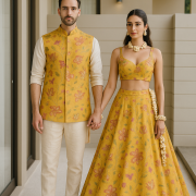 Glass Organza Couple Outfit In Yellow Colour