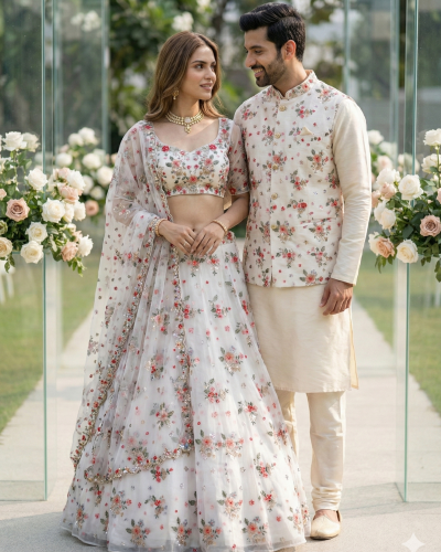 Organza Couple Outfit In White Colour