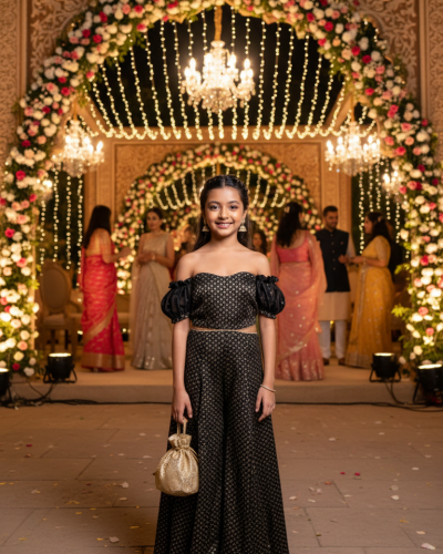 Off Shoulder Brocade Jumpsuit In Black Colour