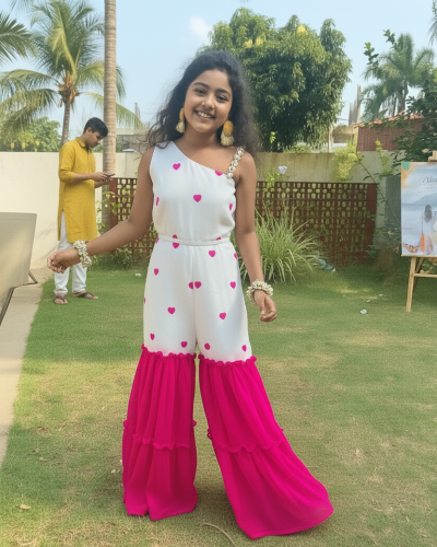 Heart Printed Georgette Jumpsuit In White Colour