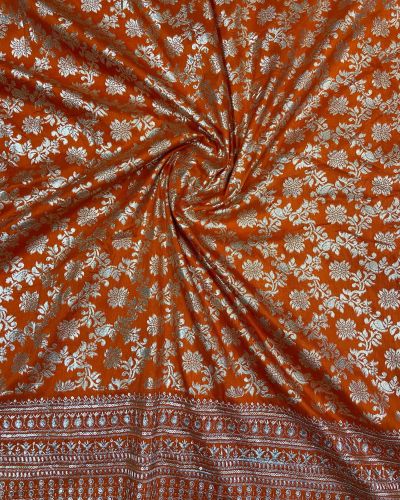 Orange Organza Satin With Heavy Daman Style Zari And Sequin Embroiderery Fabric
