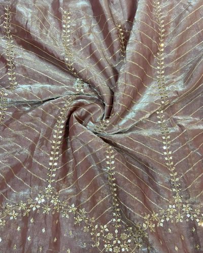 Blush Pink Organza Satin With Heavy Daman style Zari And Sequin Embroidery Fabric