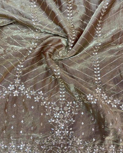 Antique Gold Organza Satin With Heavy Daman Style Zari And Sequin Embroidery Fabric