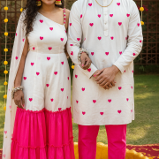 Heart Printed Georgette Couple Outfit
