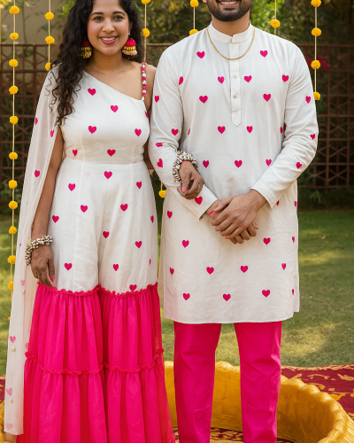 Heart Printed Georgette Couple Outfit