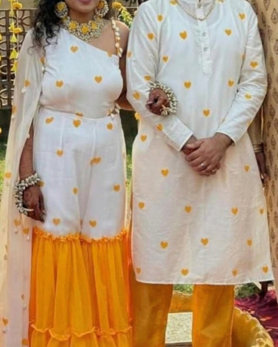 Heart Printed Georgette Couple Outfit