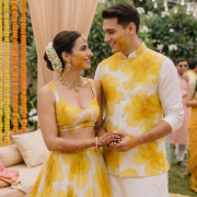 Organza Couple Outfit In White And Yellow Colour
