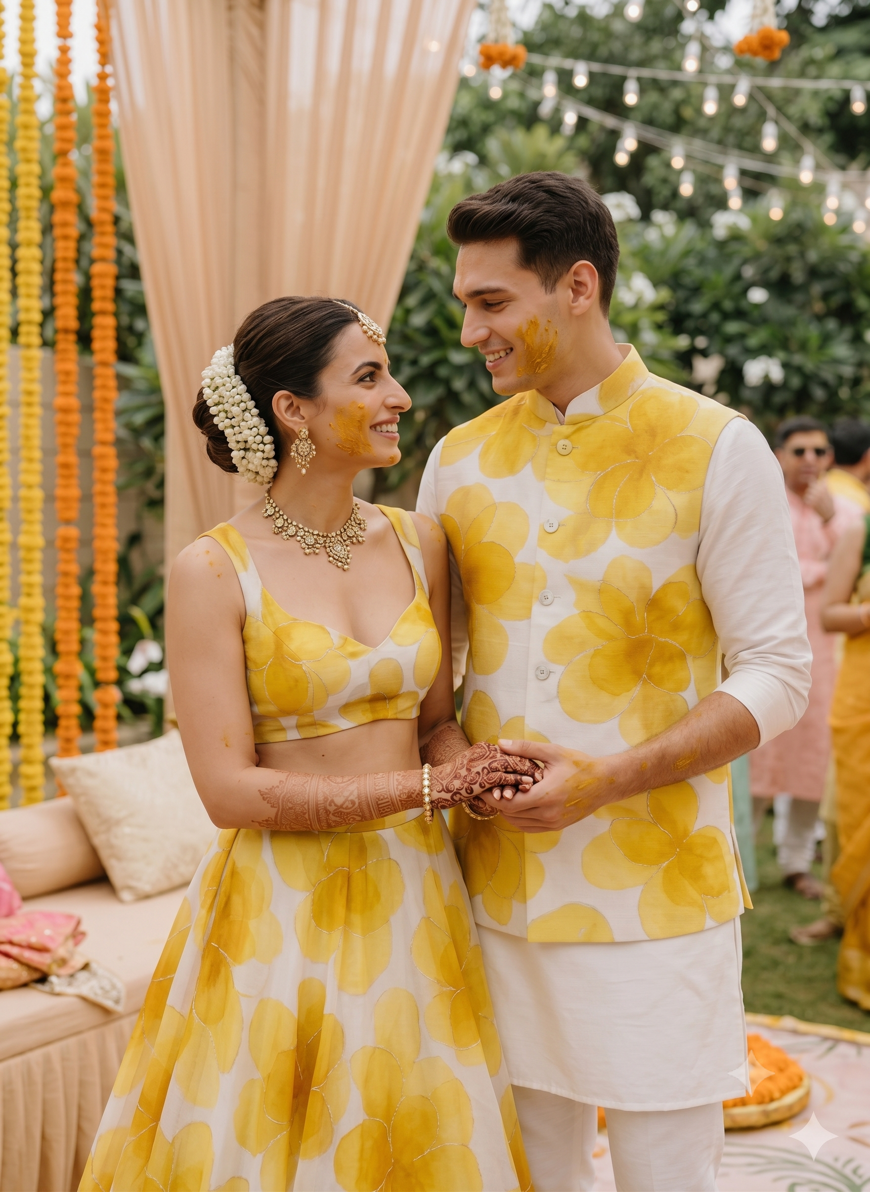 Organza Couple Outfit In White And Yellow Colour