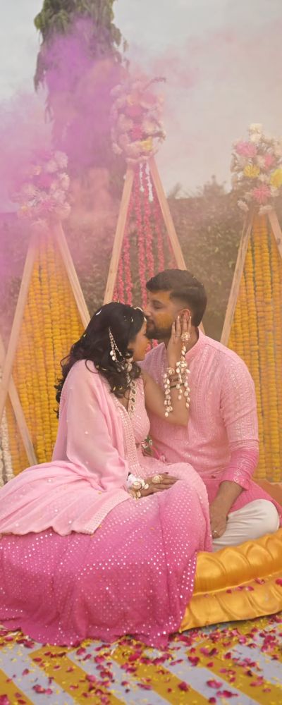 Faux Mirror Ombre Georgette Couple Outfit In White And Pink Colour