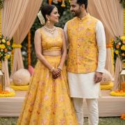Glass Organza Couple Outfit In Yellow Colour