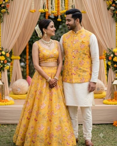 Glass Organza Couple Outfit In Yellow Colour