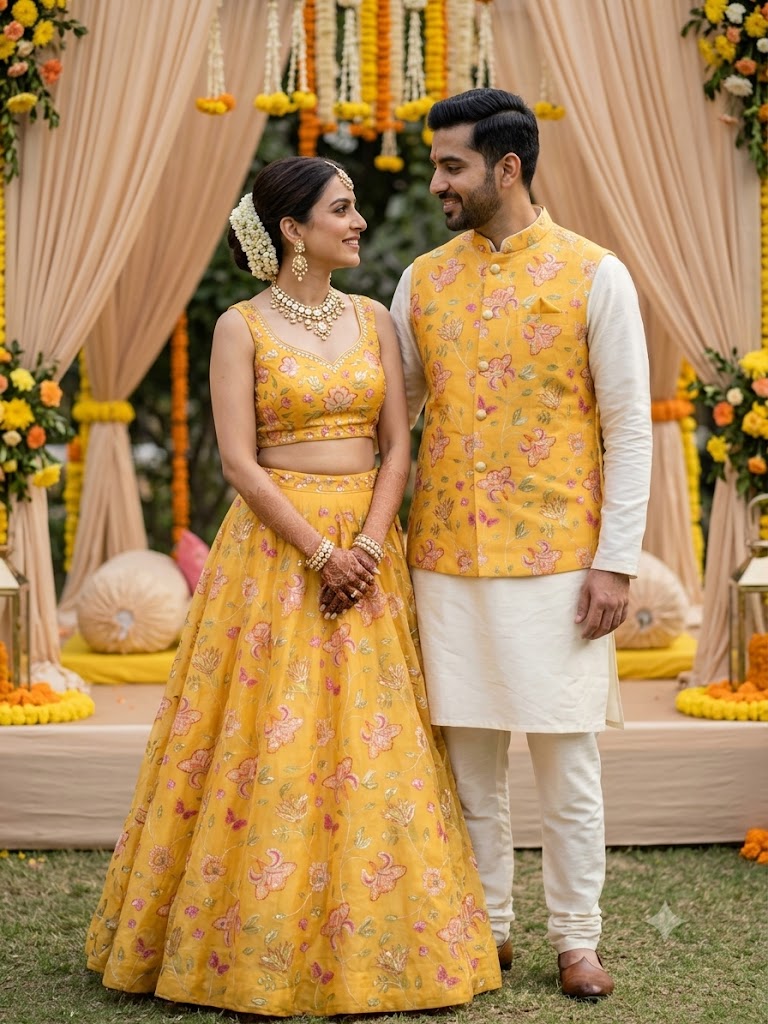Glass Organza Couple Outfit In Yellow Colour